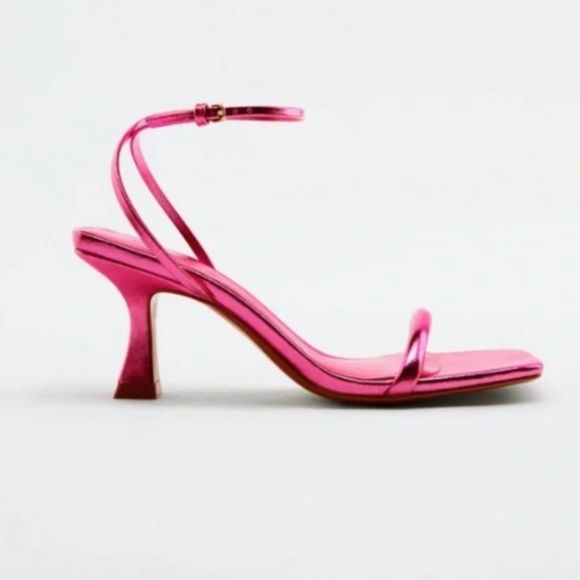 NWT Zara Pink Metallic Mid-Height Ankle strap Heels - Picture 2 of 8